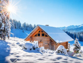 Winterberglandschaft in den Alpen, mit schneebedeckter Skihütte an einem sonnigen klaren Tag