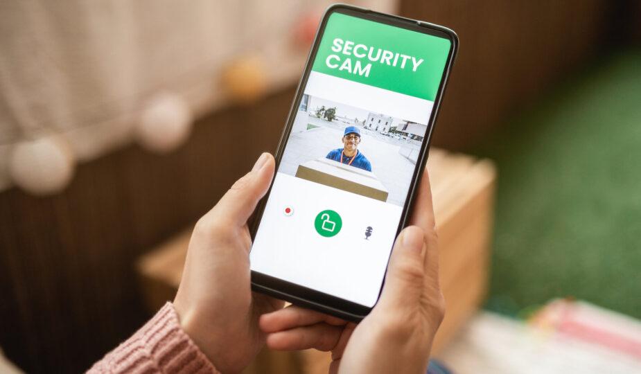 Frau sieht auf Handy dass Lieferbote an der Tür klingelt durch sicheres CCTV-Kamerasystem in der Handy-App