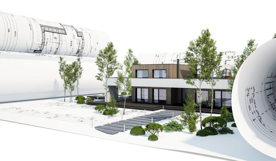 Bauplanung eines energieeffizienten Einfamilienhauses mit Dachterrasse, Swimmingpool und Garten