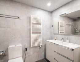 Geräumiges Badezimmer in modernem Stil mit schönem Interieur und Licht von Lampen an der Decke